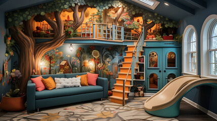 Whimsical children's playroom with a treehouse bed and mural walls,