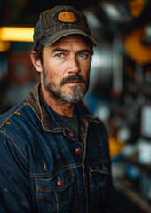 Portrait of successful male factory worker, technician. Blue-collar worker, employee. Success, goals, achievement, team.