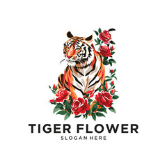 tiger flower rose logo design vector illustration
