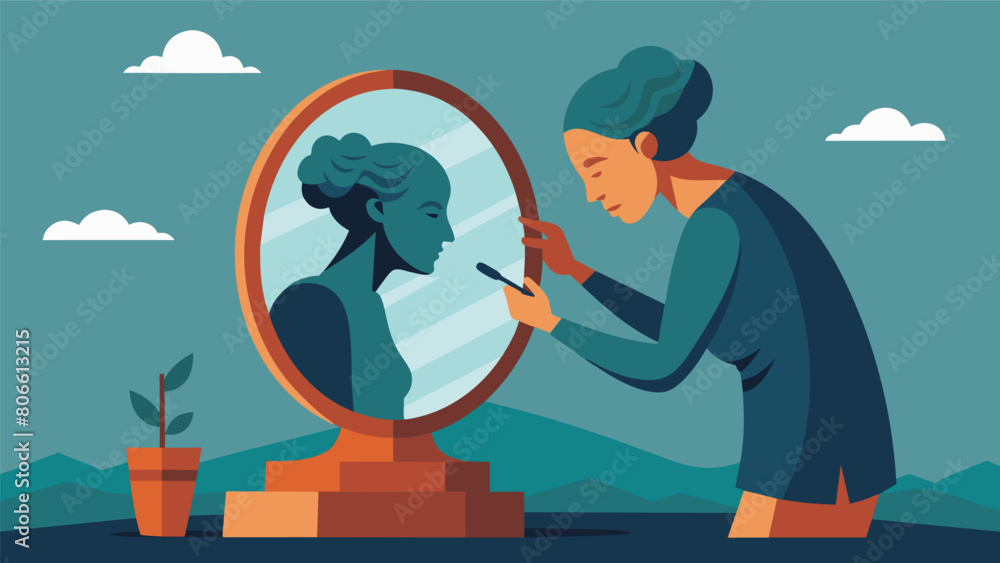 Poster a mirror reflection of a person painstakingly carving out their imperfections creating a more polish