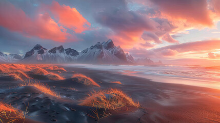 Photo of a black sand beach with orange grass, Vestrahorn mountain in the background. Created with AI