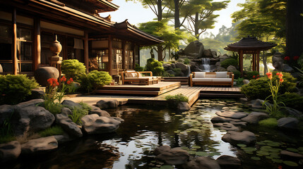 Zen garden with a koi pond, stone paths, and bamboo fences,