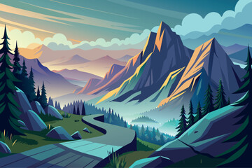 Misty Mountain Pass Landscape with nature background illustration in cartoon style
