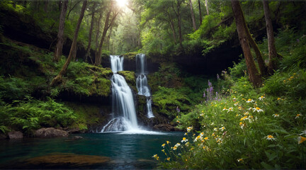 Obraz premium Beauty of a cascading waterfall nestled in a lush, verdant forest.