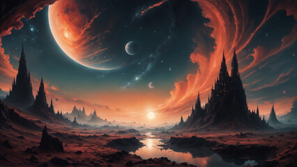 Panoramic view of alien world with homes in jagged rock formations and above the river is a massive exoplanet moon with orange colored sunset clouds