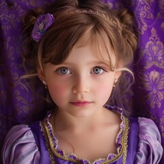Naklejka premium A young girl's proud stride in a princess costume on purple background. Little girl on purple background, beautiful princess dress . Generative ai
