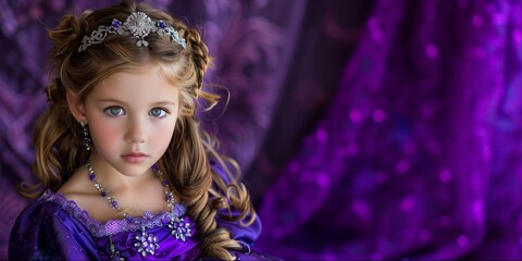 Fototapeta premium A young girl's proud stride in a princess costume on purple background. Little girl on purple background, beautiful princess dress . Generative ai