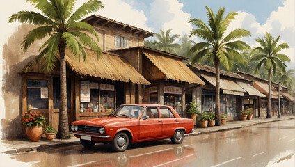 The ambiance of a row of vintage wooden shops in a small town.  Adjacent to the main road, coconut and banana trees flank the shops, while an aged car is situated on the roadway.
