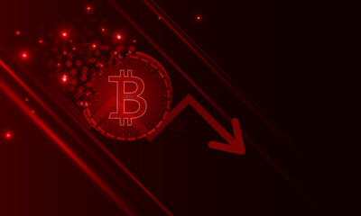 Financial chart with moving down arrow graph bitcoin cryptocurrency technology and world map in stock market on blue color background concept innovation background, vector design