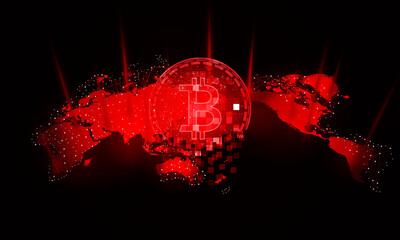 Abstract Bitcoin cracks or decay represent the Downtrend of the Bitcoin Global social network with planet Earth. Internet and technology. International stock exchange., vector design