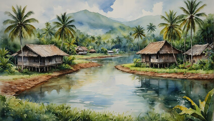 Fototapeta premium View of beautiful tranquil village life surrounded by greenery and a winding river. A village featuring traditional Malay residences.