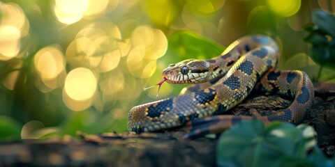 Obraz premium A beautiful and vibrant green snake slithers through the lush foliage of the jungle, its scales glistening in the sunlight.