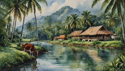 Tranquil village life surrounded by greenery and a winding river. Coconut trees adorn the surroundings while cows graze on the lush grass.