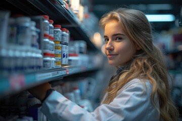 Blonde Woman Shopping for Medicine in Pharmacy Aisle