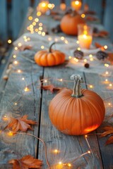 Autumn Ambiance with Pumpkins and Candles on Wooden Table