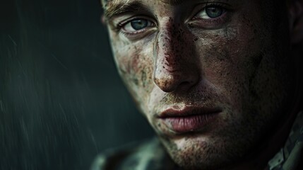 Intense Gaze of a Dirty Faced Young Man with Vivid Blue Eyes