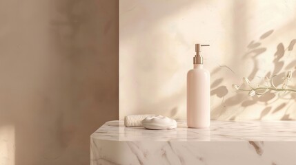 Pink lotion dispenser on marble bathroom countertop with blurred background.