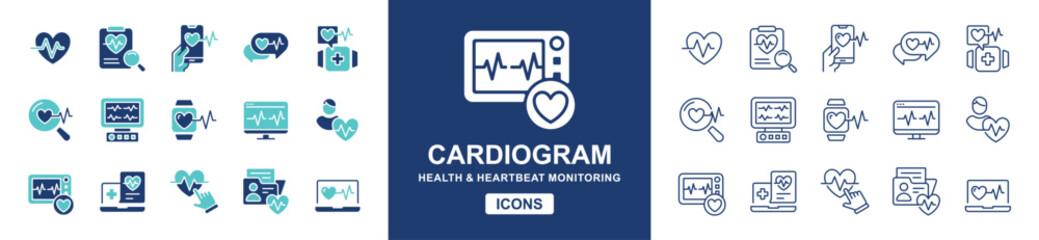 heartbeat monitoring cardiology diagnosis icon vector set cardiogram heart pulse health care signs illustration