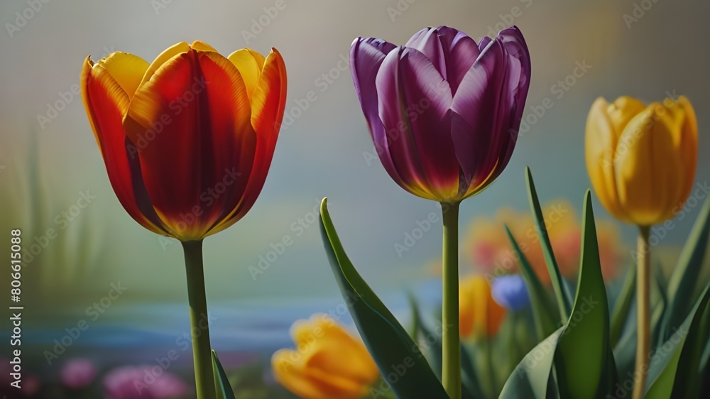 Poster tulips in an array of colors stand tall in an oil painting each petal a stroke of genius reflecting 