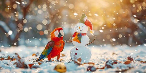 A parrot and a snowman are standing in the snow - Powered by Adobe