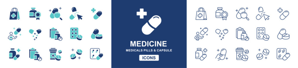 medicals medicine icon vector set pill and capsule drug pharmacy prescription medic treatment sign illustration