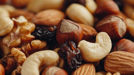 Assorted nuts and dried fruits close-up. Healthy snacks and nutritious food concept.