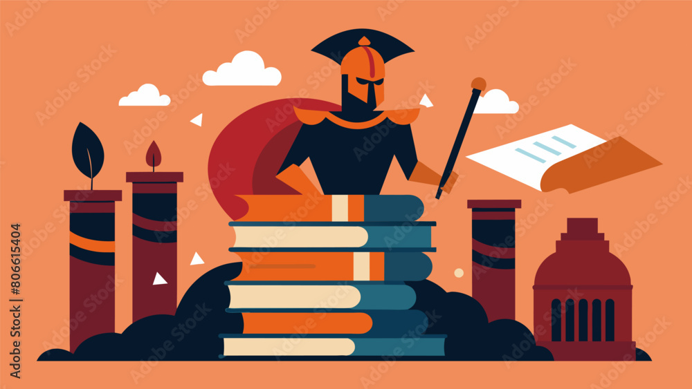 Poster the dusty remnants of past gladiators now rep by stacks of ancient texts and mcripts representing th