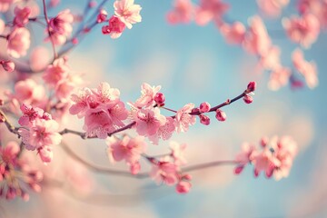 Obraz premium Spring blossoms with soft pink petals against a blue sky