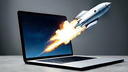 A White Space Rocket Bursting Out of The Laptop