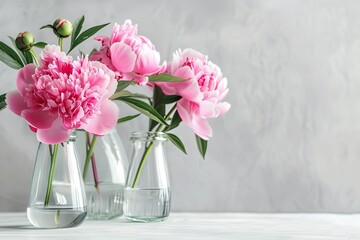 Sunlit peonies in glass vases on a marble window sill