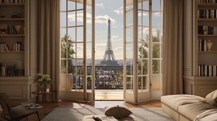 French doors reveal a Parisian haven, Eiffel Tower the centerpiece of a stunning view