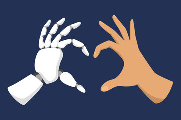 Robot and human hands making a heart shape vector illustration. Concept of artificial intelligence and modern technology in human lives. Futuristic illustration, partnership between people and robots.