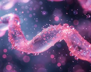 Closeup of in vitro meat fibers growing, highlighted with microscopic detailing against a stark, clinical background