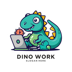 dinosaur working with laptop logo design vector illustration