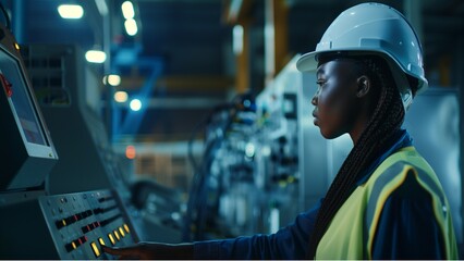a female worker in a white helmet and safety vest working at a control panel of a machine with a blurry background, in an industrial factory setting. A black woman engineer using heavy machinery 
