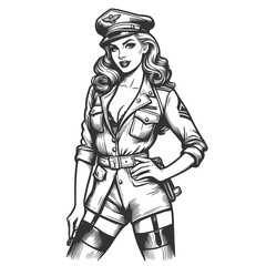 Obraz premium pin-up girl dressed in a military uniform, projecting confidence and allure sketch engraving generative ai fictional character raster illustration. Scratch board imitation. Black and white image.