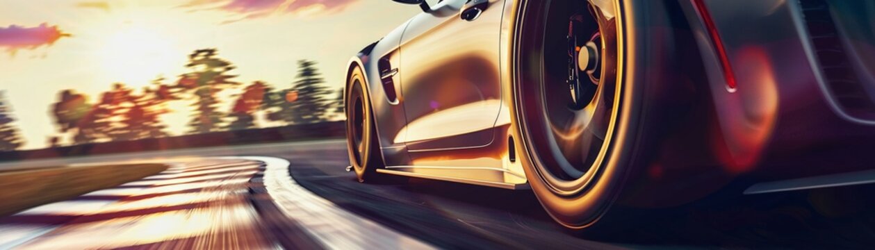 Race car speeds on track at dusk, tire close-up, adrenaline and sunset merge