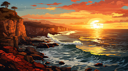 A vector graphic of a coastal cliff at sunset.