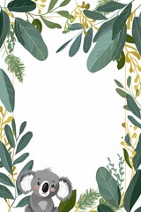 Tropical leaf background with cute koala frame. Frame with branches of a tree.