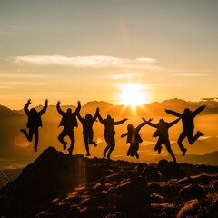 Silhouette of group of people jumping in front of nature. Happy familiy.