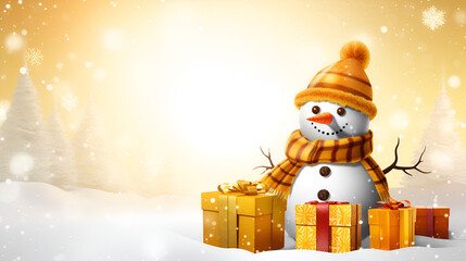 a snowman standing in the gifts and the snowman keep smile and looking so wonderful with sunlight and bokeh background