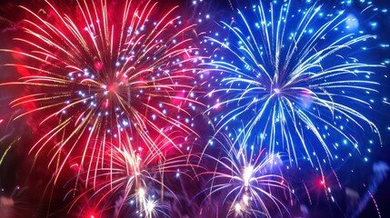 A colorful fireworks display lighting up the night sky in celebration of Independence Day, with bursts of red, white, and blue. 