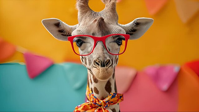 Funny fashion portrait of a giraffe with sunglasses. Created with Generative AI.