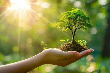 A hand holds a thriving tree against a lush green background, showcasing AI generative growth.