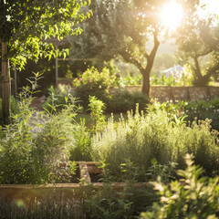 A vibrant herb garden basks in the warm sun, illuminated by AI generative rays of light.