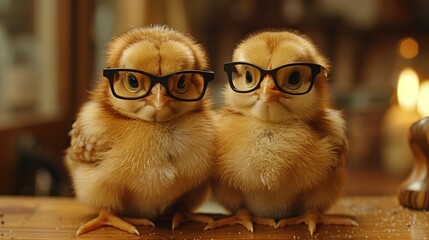 two cute baby chicken with glasses, cute and funny, movie stills