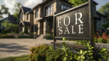 Obraz premium For sale sign real estate sign in front of a new house