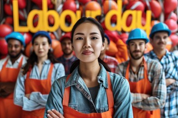 Workers celebrating Labor Day. Diverse group of workers standing in solidarity