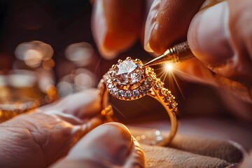 Crafting Love Jeweler Precisely Setting Diamonds into a Glowing Gold Engagement Ring