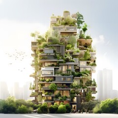 Abstract city with green trees and skyscrapers, 3d render